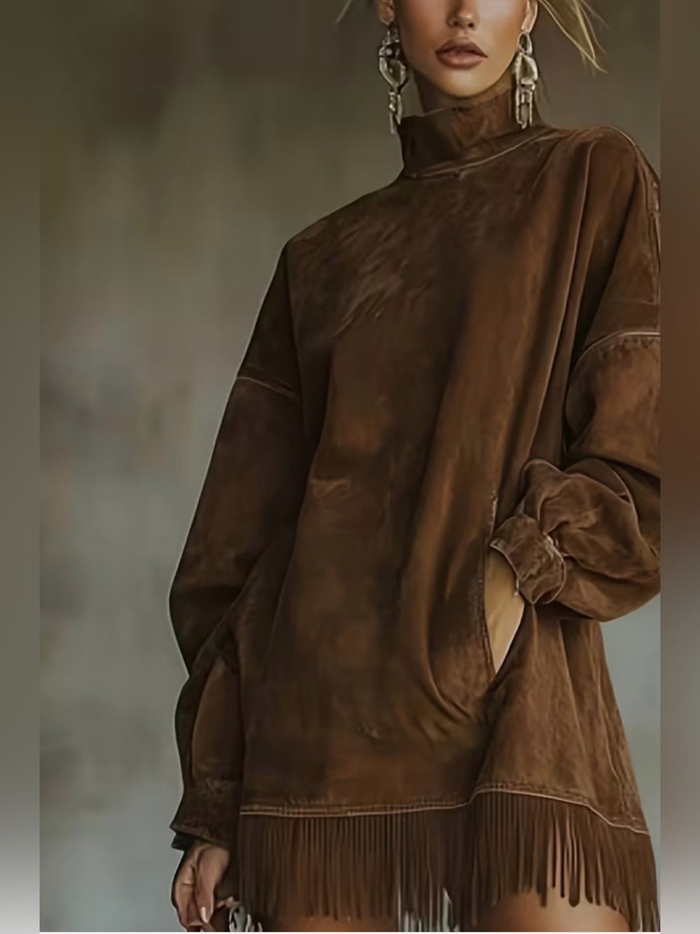 Fringed Brown Suede-Look Tunic Top
